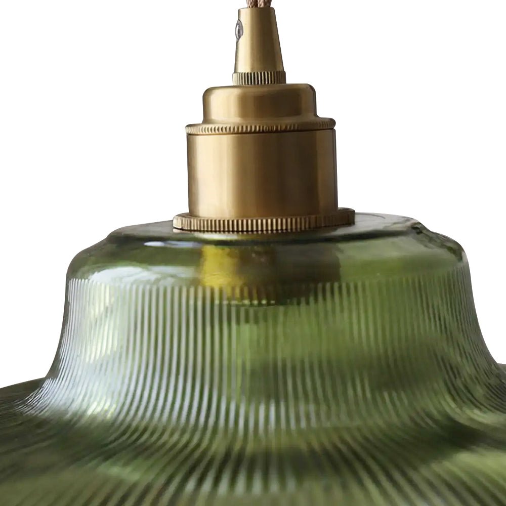Estella ribbed glass pendant – green shade and brass cap close-up