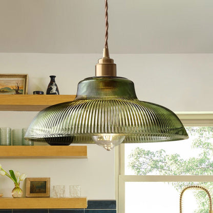 Estella ribbed glass pendant – in green by open shelves