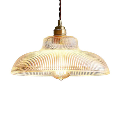Estella ribbed glass pendant – clear glass, lit on white