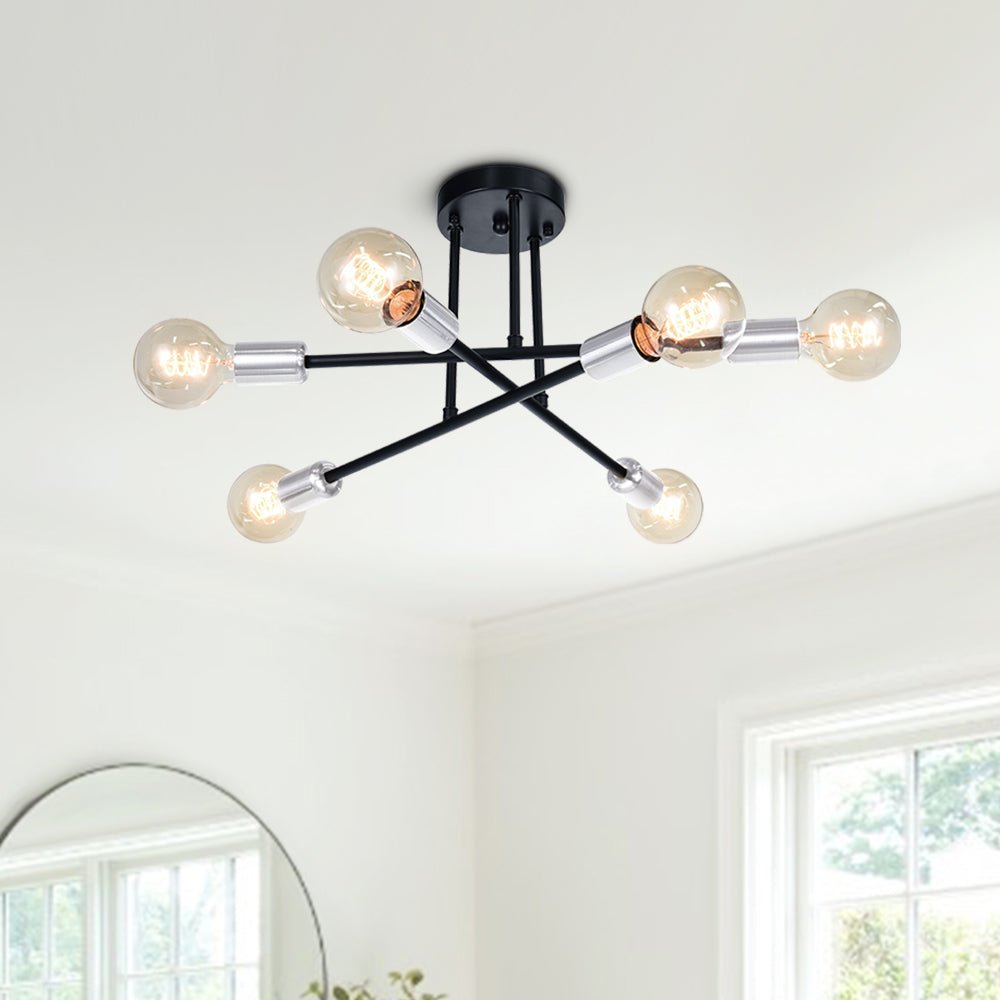Marcel 6-light sputnik ceiling light – with black arms in a white room