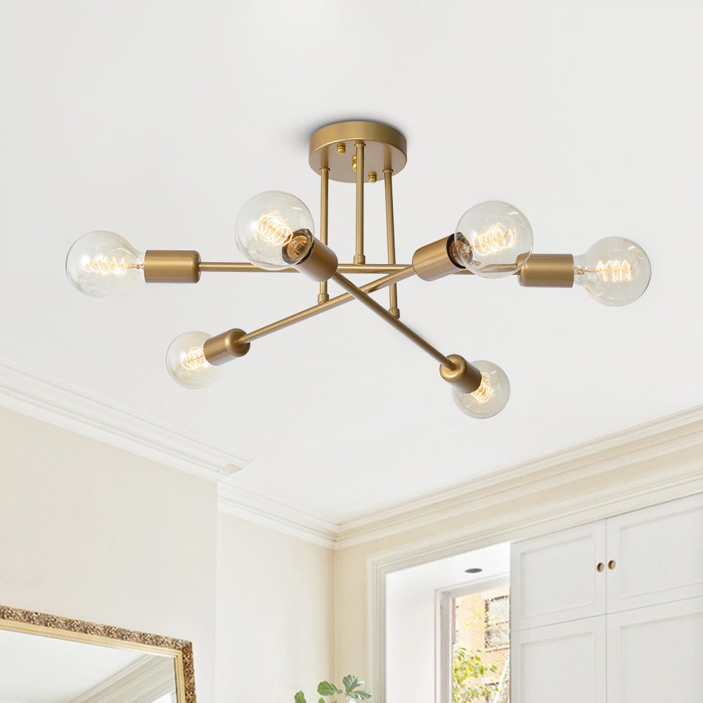 Marcel 6-light sputnik ceiling light – in gold by a window