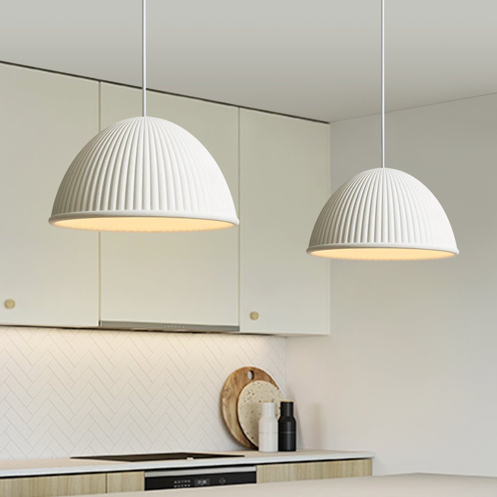 Soraya ribbed resin dome pendant – two over a kitchen worktop