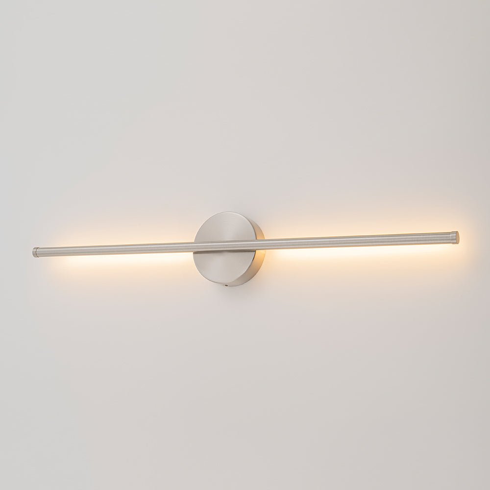 Sebastian linear LED wall light – horizontal in nickel, lit