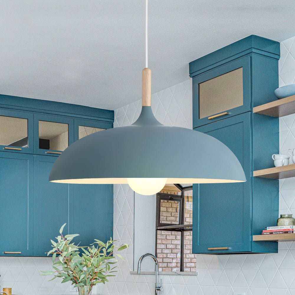 Romilly dome pendant – in grey against blue cabinets