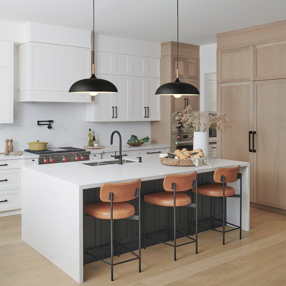 Romilly dome pendant – two in black over a kitchen island
