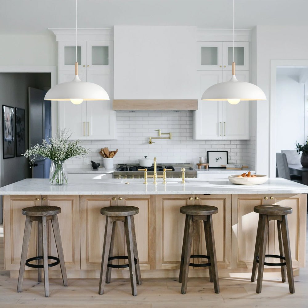 Romilly dome pendant – three in white over a kitchen island
