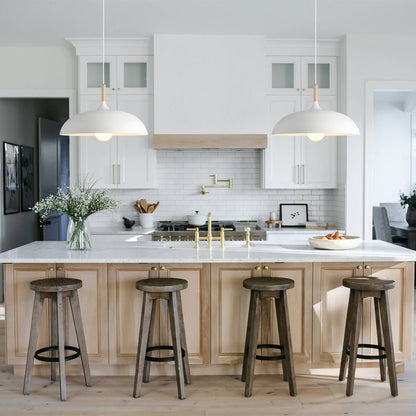 Romilly dome pendant – three in white over a kitchen island