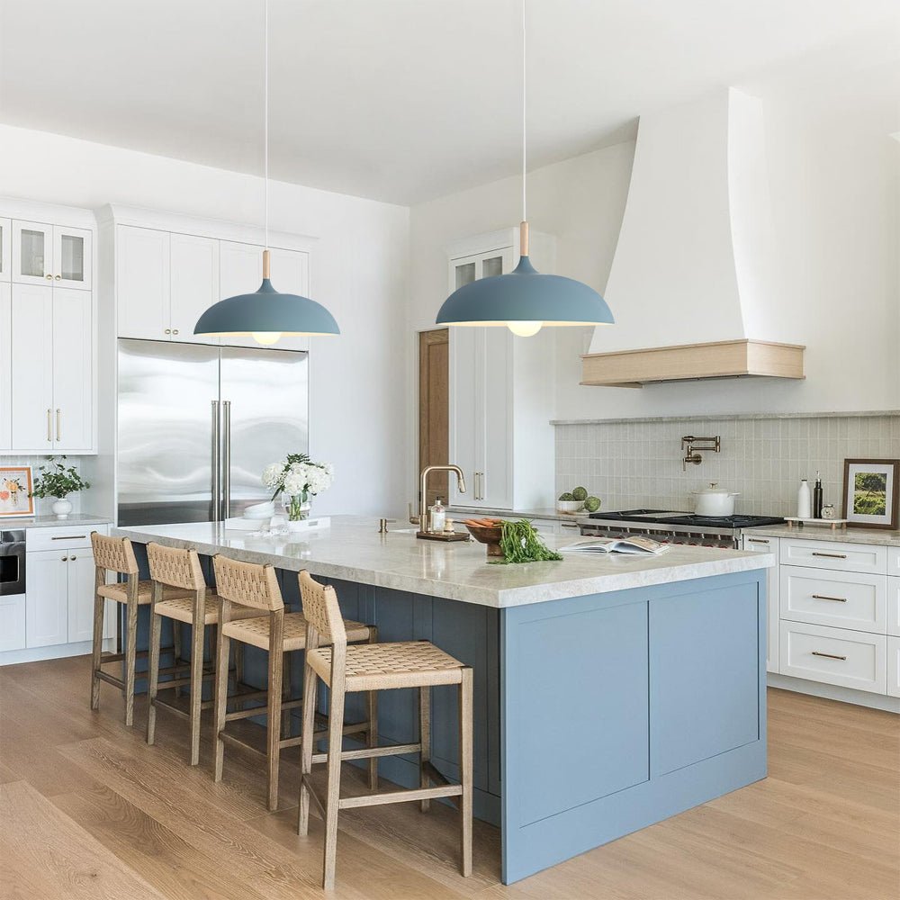 Romilly dome pendant – in blue over a kitchen island