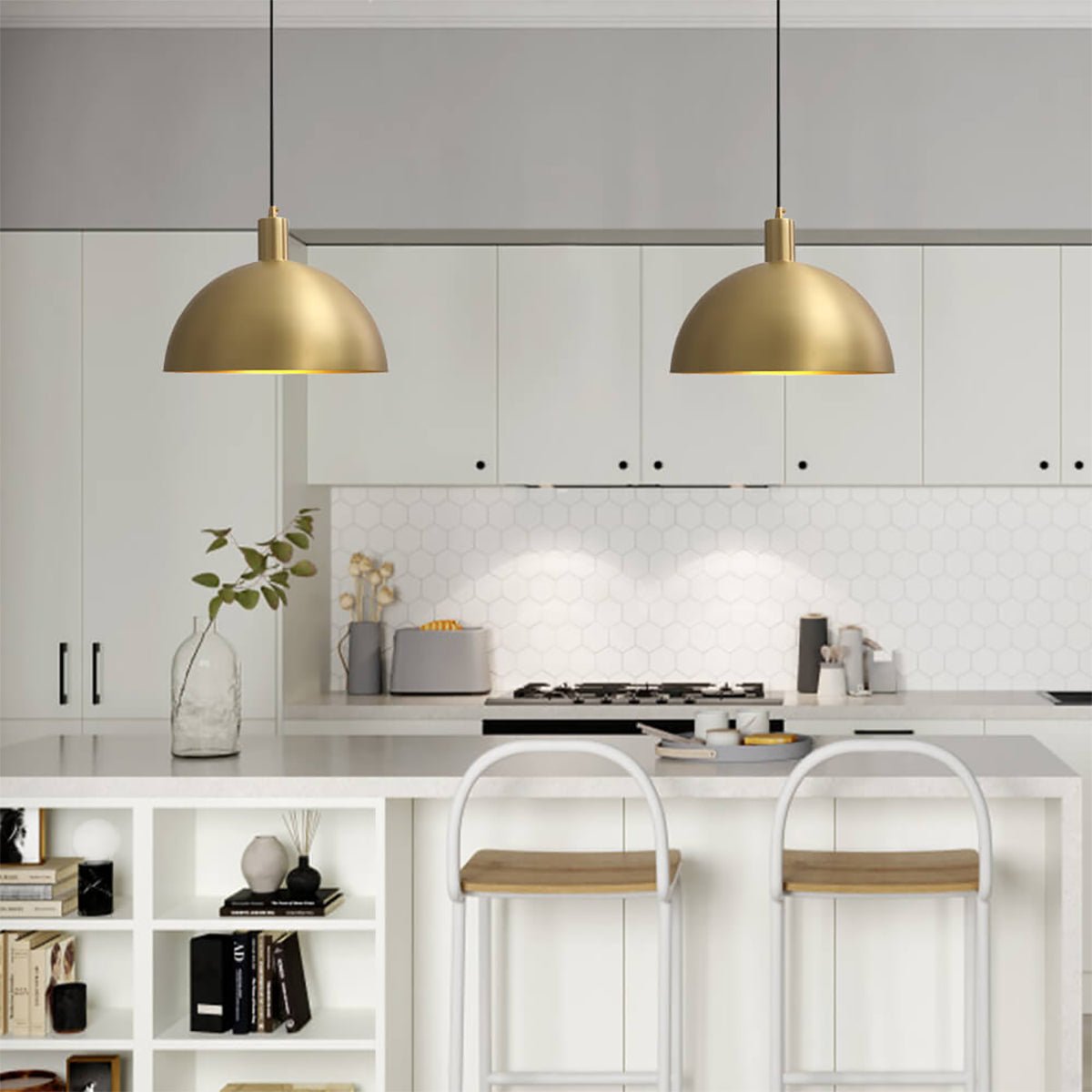 Vincenzo lipped dome pendant – over a white kitchen island