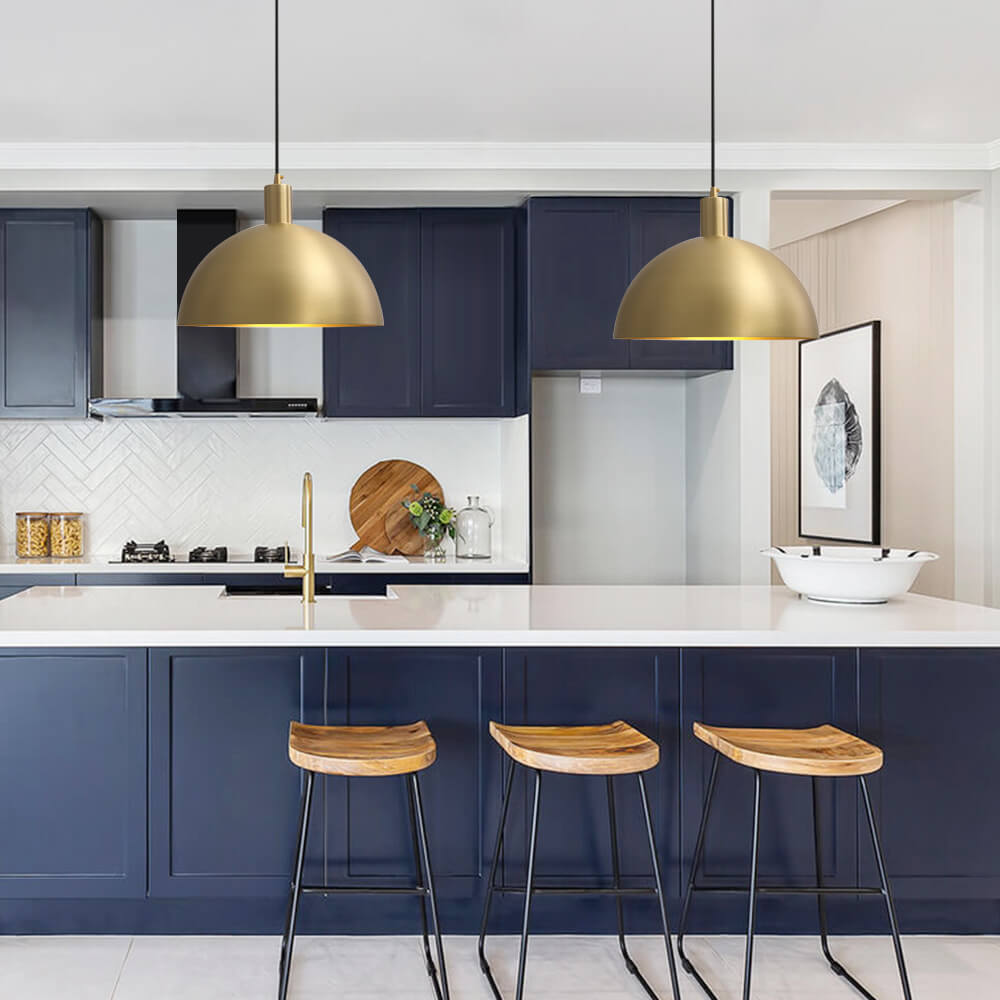 Vincenzo lipped dome pendant – over a blue kitchen island