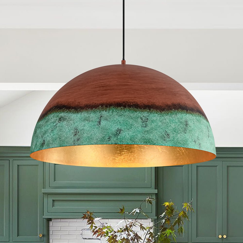 Caspian two-tone pendant – in a green kitchen