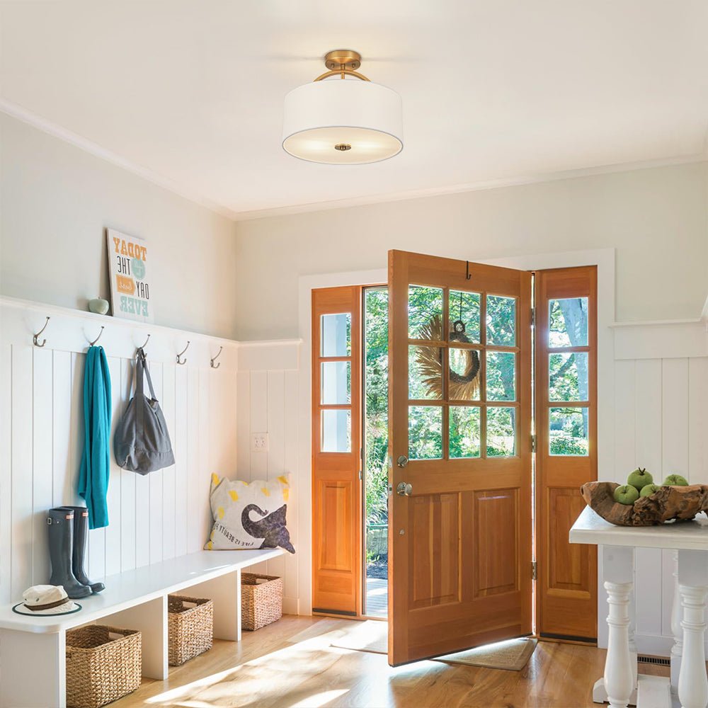 Isadora linen drum ceiling light – in an entryway by the front door