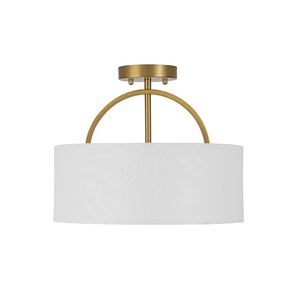 Isadora linen drum ceiling light – drum shade in brass on white