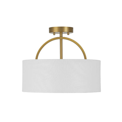 Isadora linen drum ceiling light – drum shade in brass on white