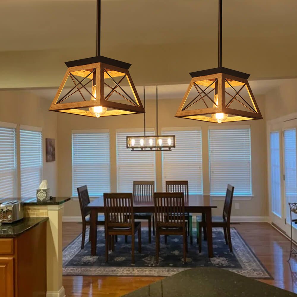 Horatio square cage pendant light – two brown over a dining table