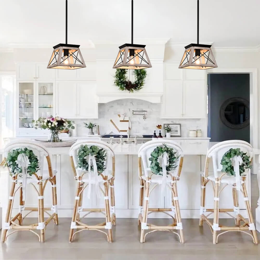 Horatio square cage pendant light – three whitewashed over a white island