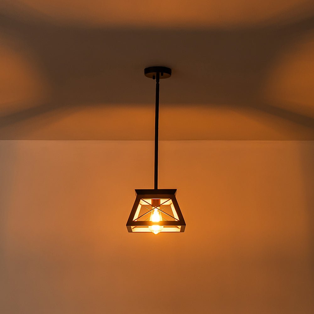 Horatio square cage pendant light – lit in a dark room