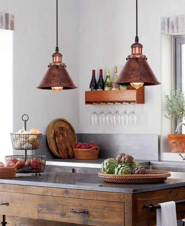 Carlotta copper cone pendant light – two over a rustic kitchen island
