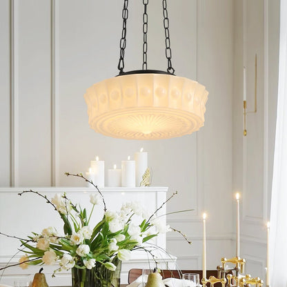 Adrian schoolhouse pendant – over a dining table with flowers