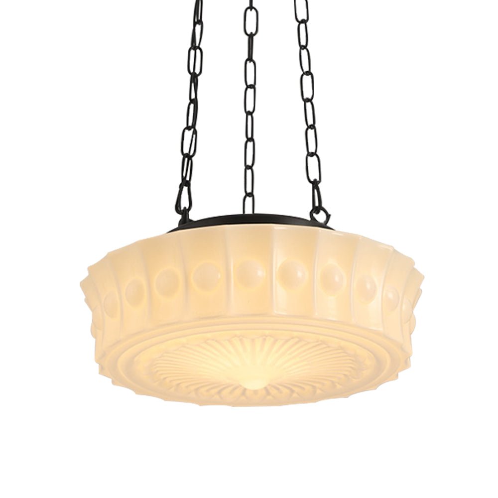 Adrian schoolhouse pendant – lit close-up with chains