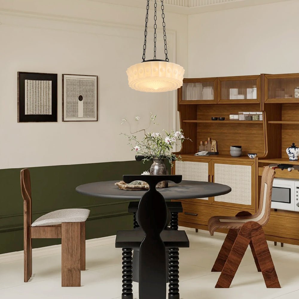 Adrian schoolhouse pendant – over a round table in a dining room