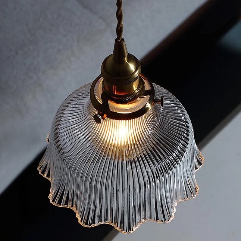 Rosalie flower glass pendant light – clear shade lit, seen from below