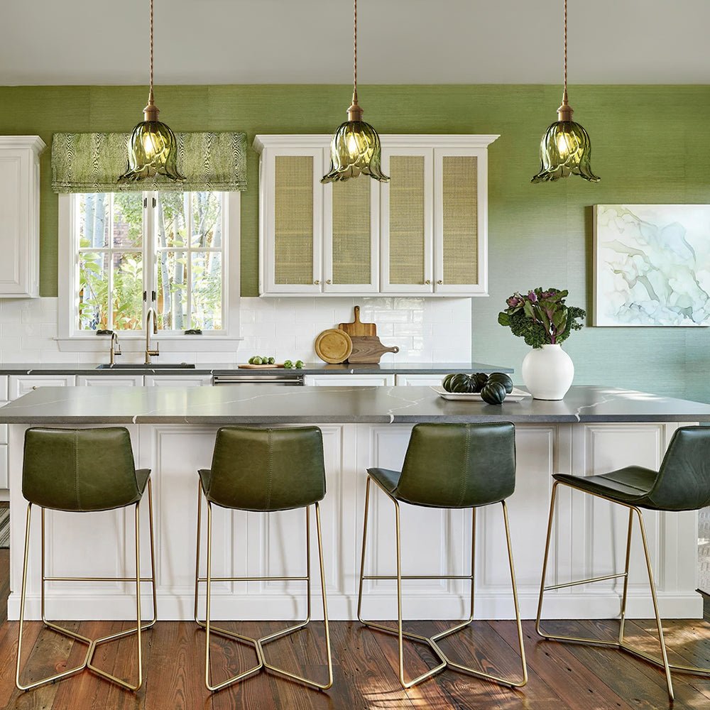 Rosalie flower glass pendant light – four over a kitchen island with green cabinets