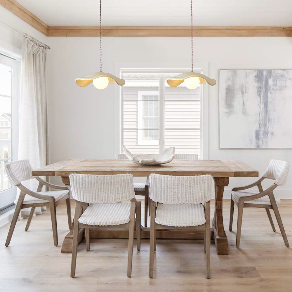 Giselle wavy resin pendant – two over a dining table