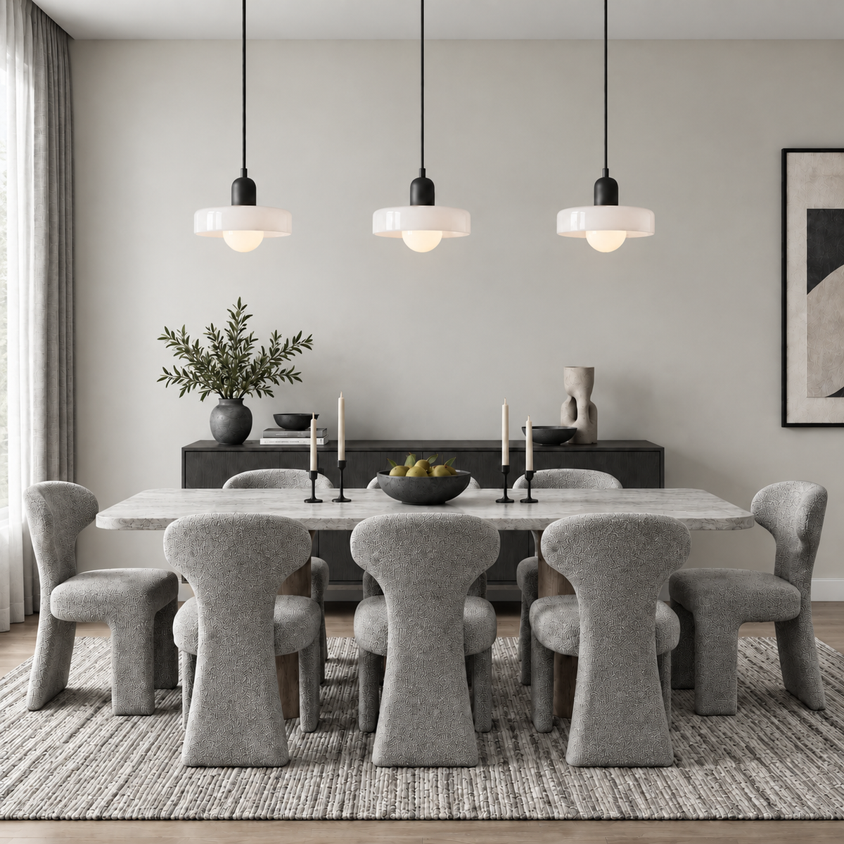 Three Verona pendant lights hung in a row above a dining table