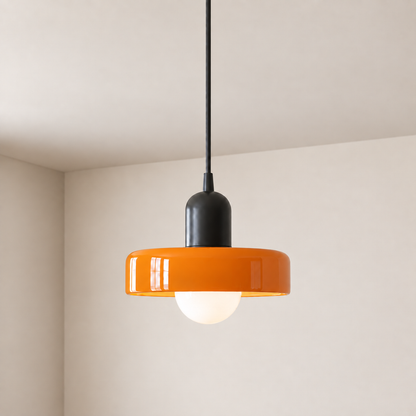 Verona pendant light with an orange matt glass shade on a black fitting